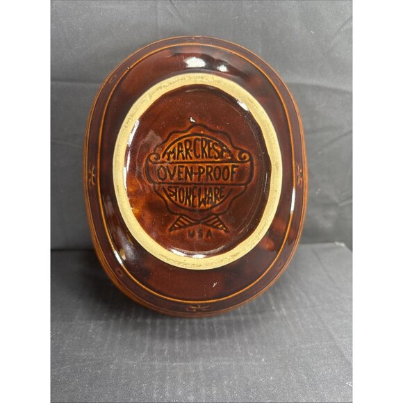 marcrest oven proof USA stoneware 10” X 8” divided dish Brown glaze Daisy Dot - Picture 6 of 7